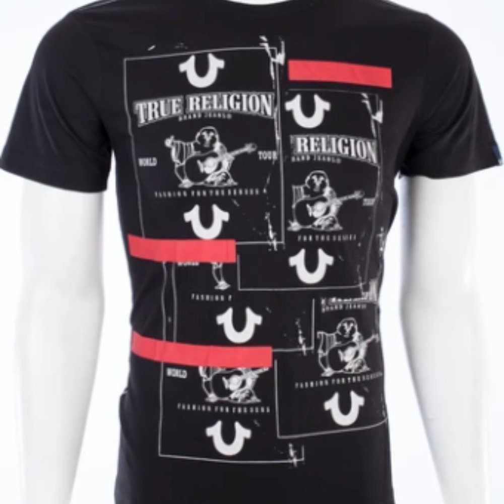 TRUE RELIGION Mens Short Sleeve BUDDHA TAPE Crewneck T-Shirt (Black)